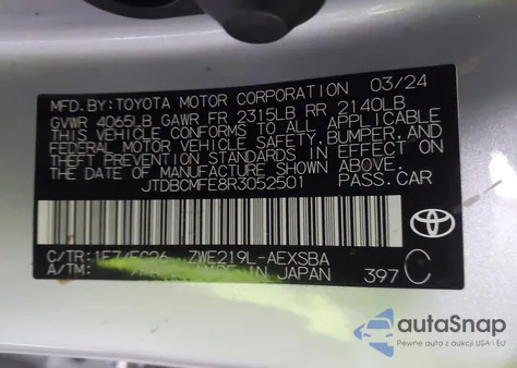 2024 Toyota Corolla Hybrid Se z USA, uszkodzony, nr VIN JTDBCMFE8R3052501